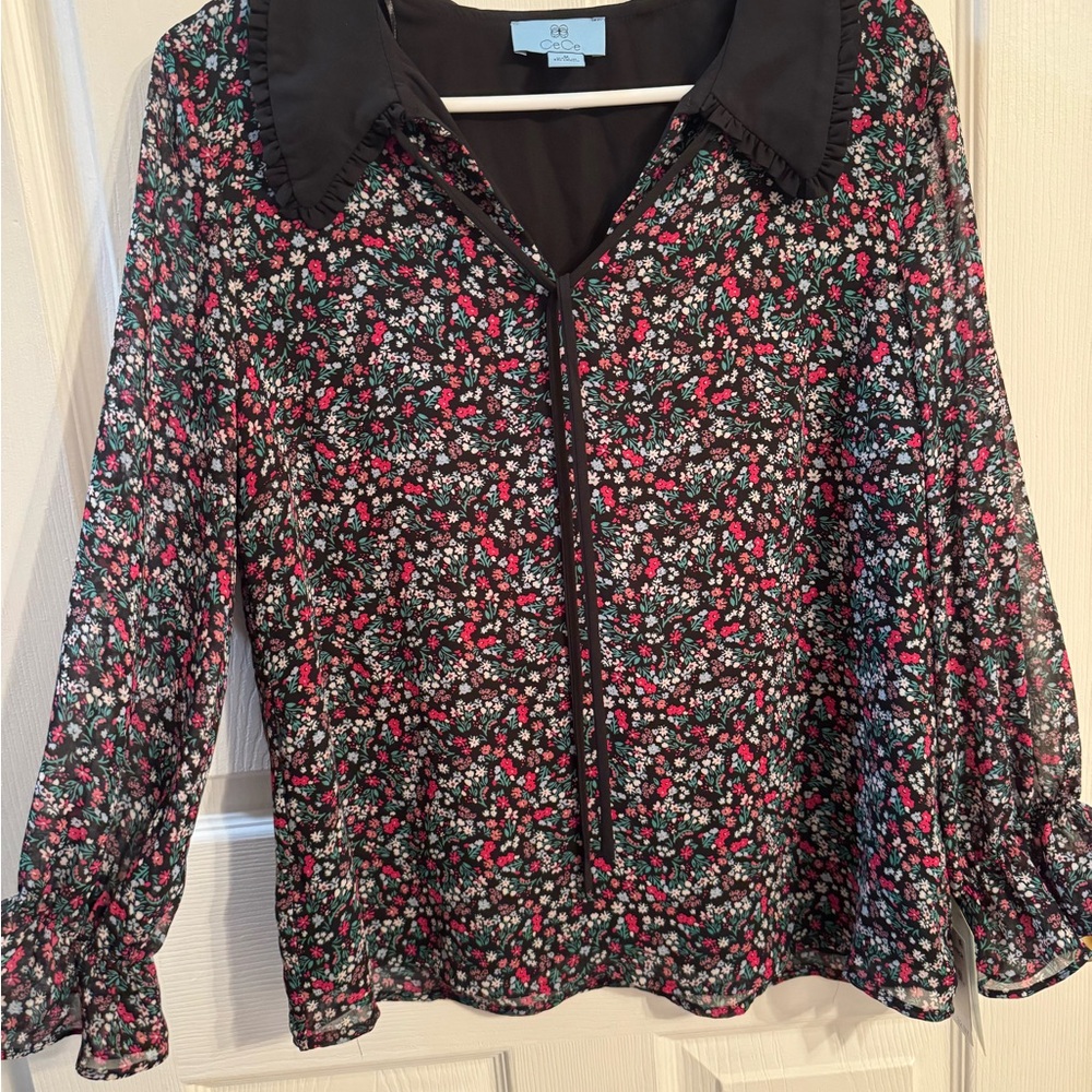 CeCe Black Floral Blouse